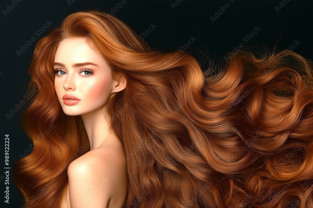 Obraz premium Hairdressing advertising logo beauty salon poster banner long red brown curly hair. Shampoo serum conditioner products. 