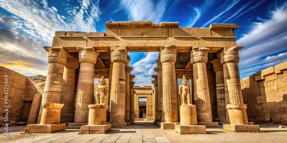 Obraz premium Ancient stone columns and intricate hieroglyphics adorn the grand entrance of an Egyptian temple, standing majestic amidst a backdrop of cloudless blue skies and golden sand.