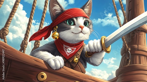 2 Pirate cat in a cartoon style, wearing a red bandana and gold earrings, holding a sword on a pirate ship, cartoon pirate cat, 2D art