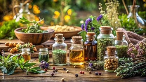 Glass jars contain a variety of herbs spices and essential oils The jars are placed on a rustic wooden table with fresh garden plants in the background Providing a natural setting