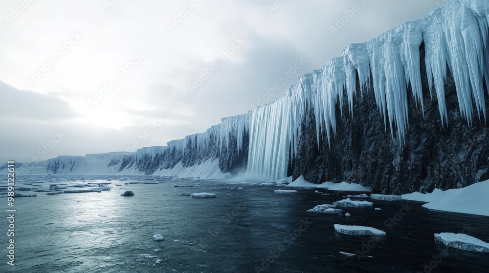 Fototapeta premium Frozen waterfall over icy cliff