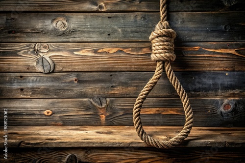 A ominous, worn rope noose hangs ominously from a weathered wooden beam, casting a dark and foreboding shadow against a distressed, rustic background. photo