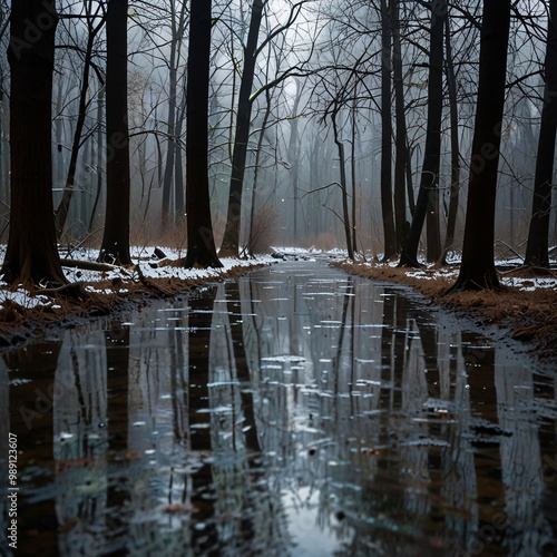 A forest in the heart of winter during a cold rainstorm, the ground covered in snow while raindrops fall steadily, creating icy puddles beneath the bare branches