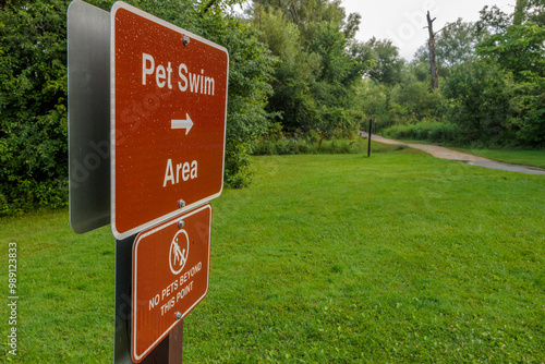 Pet swim area sign where doges area aloowed in the lake within Pike Lake Unit, Kettle Moraine State Forest, Hartford, Wisconsin photo