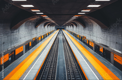 interior of modern subway station with double railes and platform photo