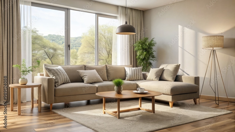 A plush, grayish-beige sofa occupies the center of a cozy, minimalist living room with a wooden coffee table, floor lamp, and a large window nearby. A plush, grayish-beige sofa occupies the center of a cozy, minimalist living room with a wooden coffee table, floor lamp, and a large window nearby.