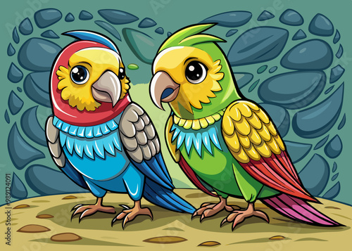 cartoon vector illustration of two funny parakeet bird, stone field isolated background, nature animal photo