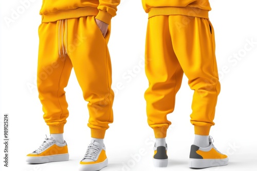 Bright yellow joggers paired with trendy sneakers, showcasing a comfortable and stylish athleisure look from multiple angles. photo