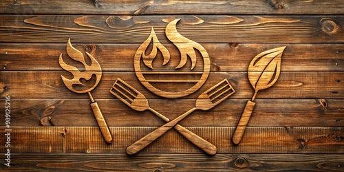 A rustic, wooden-cutout logo featuring a stylized grill, flames, and savory icons, evoking a sense of outdoor gatherings, summertime, and delicious backyard cooking traditions.