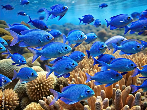 A school of vibrant blue damselfish swim together in unison amidst coral reef, their iridescent scales shimmering in the sunlight filtering through calm ocean waters. photo