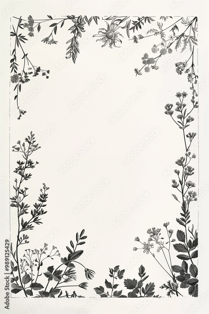 sparse delicate tiny flower frame border floral ornament, minimalist, simplistic, large rectangular open center, on crisp white paper, engraving sparse delicate tiny flower frame border floral ornament, minimalist, simplistic, large rectangular open center, on crisp white paper, engraving