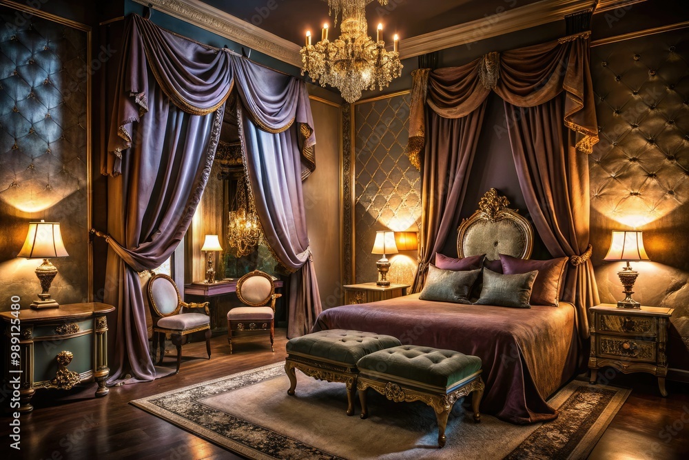 Fototapeta premium A serene and intimate atmosphere pervades a dimly lit, lavish boudoir adorned with velvety drapes, satin linens, and ornate mirrors, evoking sensuality and relaxation.