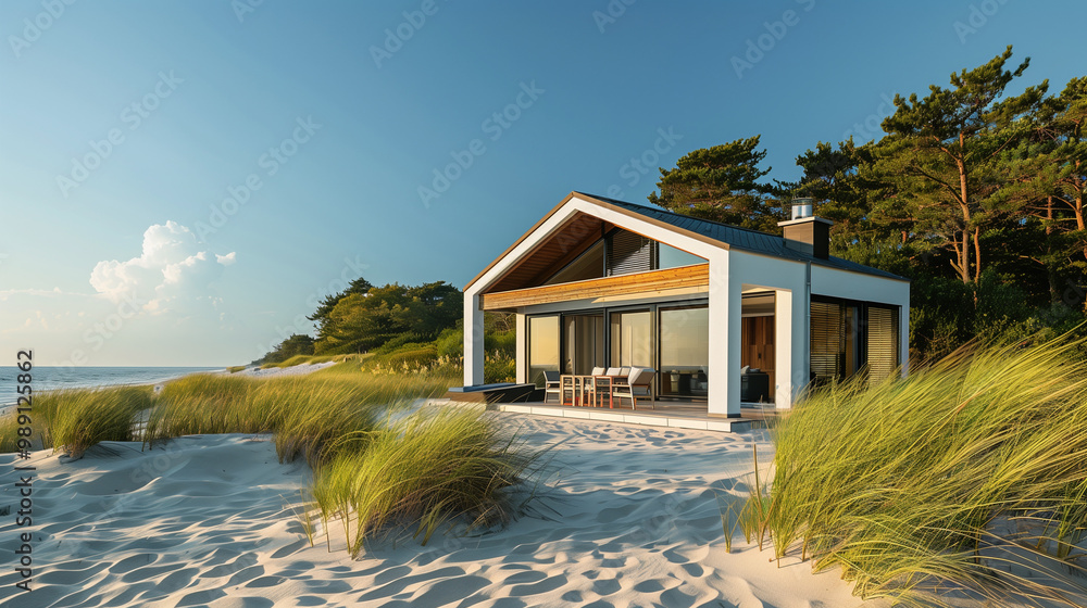 Vacation home on the beach in Germany on the sandy seashore, lake, river in a pine forest