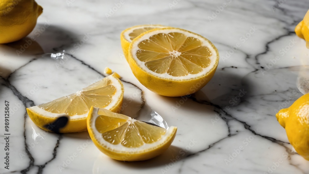 Lemon slices and glass on white marble background Lemon slices and glass on white marble background