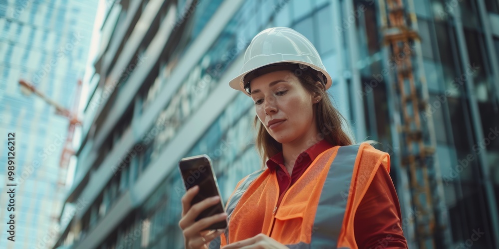 Engineer manager and female worker happily conversing on a smartphone at a construction site, discussing architecture management and industrial work through mobile communication Engineer manager and female worker happily conversing on a smartphone at a construction site, discussing architecture management and industrial work through mobile communication