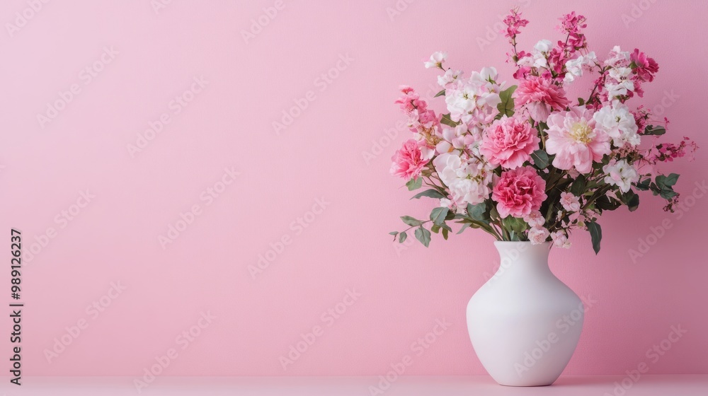 A bouquet of pink flowers in a white vase against a soft pink background. A bouquet of pink flowers in a white vase against a soft pink background.