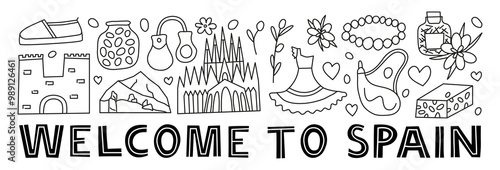 Horizontal banner with Spanish national landmarks and attractions in doodle style isolated on white background. Welcome poster. Spanish tourism concept.