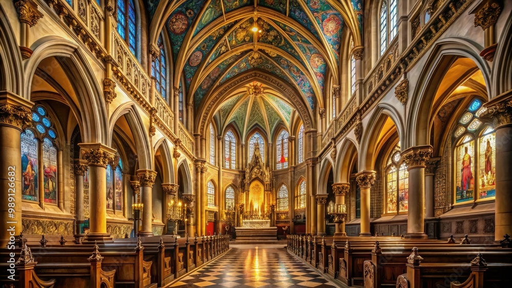 Fototapeta premium A serene, golden-lit interior of a historic Catholic cathedral features intricate stone carvings, ornate stained glass windows, and a majestic altar beneath a vaulted ceiling.