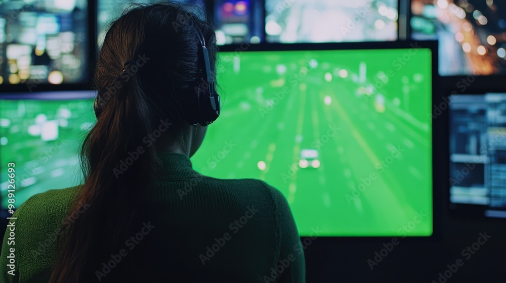 A person monitors traffic data on a green screen in a high-tech control room. A person monitors traffic data on a green screen in a high-tech control room.
