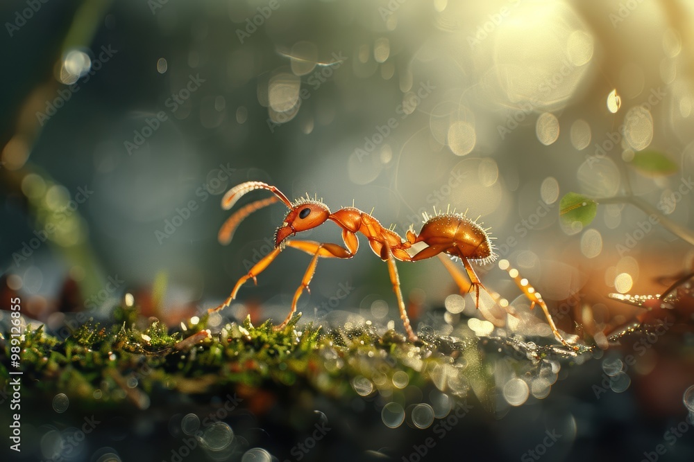 Close-up of an ant and insect in a natural setting with woods and water, highlighting sustainability and AI-generated creatures Close-up of an ant and insect in a natural setting with woods and water, highlighting sustainability and AI-generated creatures