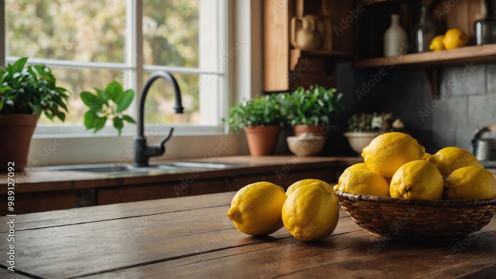 Lemons and pitcher on wooden countertop background Lemons and pitcher on wooden countertop background