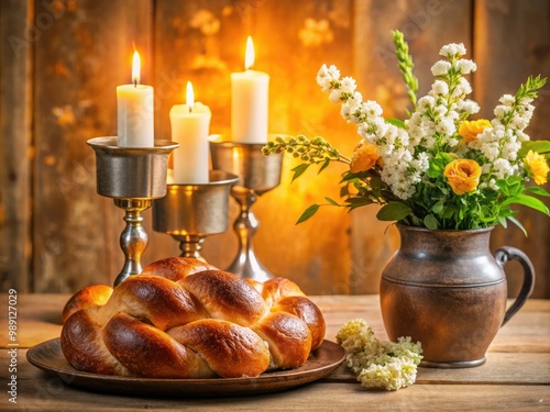 A serene Sabbath table setting with candles, Kiddush cup, and braided challah bread, surrounded by a subtle warm light and delicate flower arrangements.