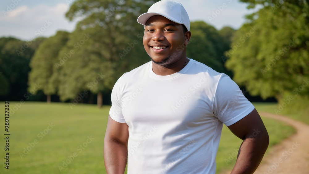 Plus size young black man wearing white t-shirt and white baseball cap standing in nature Plus size young black man wearing white t-shirt and white baseball cap standing in nature