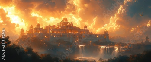 magnificent fantasy palace atop mount olympus greekinspired architecture ethereal clouds shimmering golden light mythical creatures cascading waterfalls photo