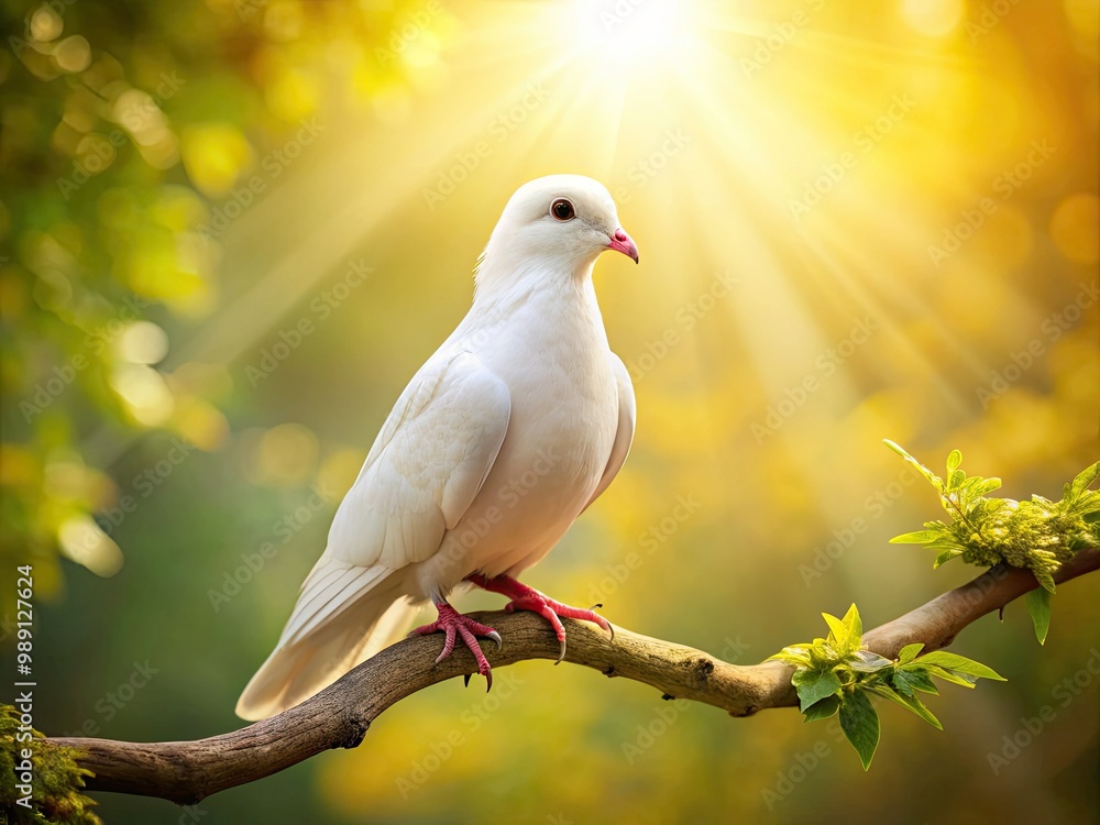 A serene white dove perches on a delicate branch, its soft feathers glistening in warm sunlight, symbolizing peace and hope in a serene natural setting. A serene white dove perches on a delicate branch, its soft feathers glistening in warm sunlight, symbolizing peace and hope in a serene natural setting.