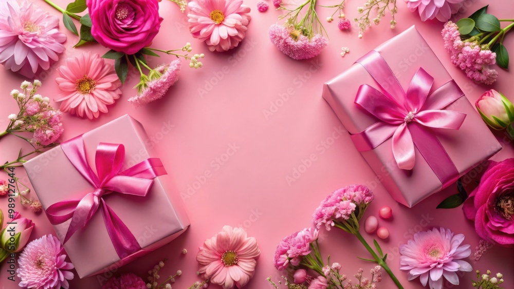 Vibrant display of pink gift boxes surrounded by flowers on light pink background celebrating natural beauty Vibrant display of pink gift boxes surrounded by flowers on light pink background celebrating natural beauty