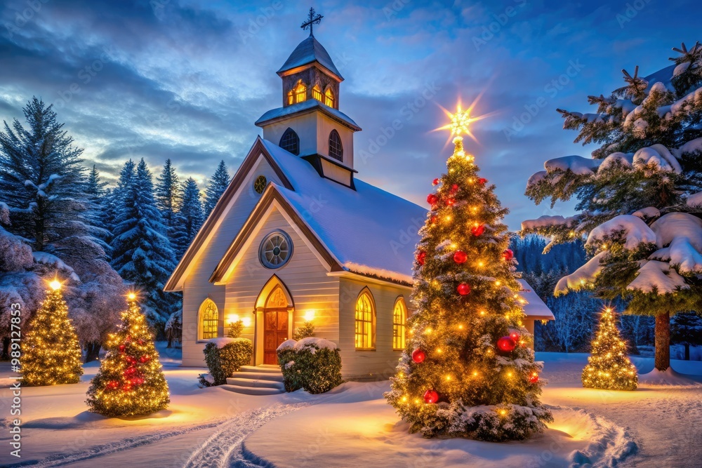 A serene winter wonderland scene featuring a snow-covered church adorned with festive lights, wreaths, and a majestic Christmas tree, radiating warmth and joy. A serene winter wonderland scene featuring a snow-covered church adorned with festive lights, wreaths, and a majestic Christmas tree, radiating warmth and joy.