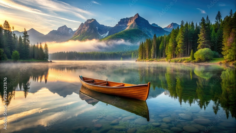A serene wooden canoe glides effortlessly across a tranquil lake's glassy surface, surrounded by lush green forest and misty mountain peaks at dawn. A serene wooden canoe glides effortlessly across a tranquil lake's glassy surface, surrounded by lush green forest and misty mountain peaks at dawn.