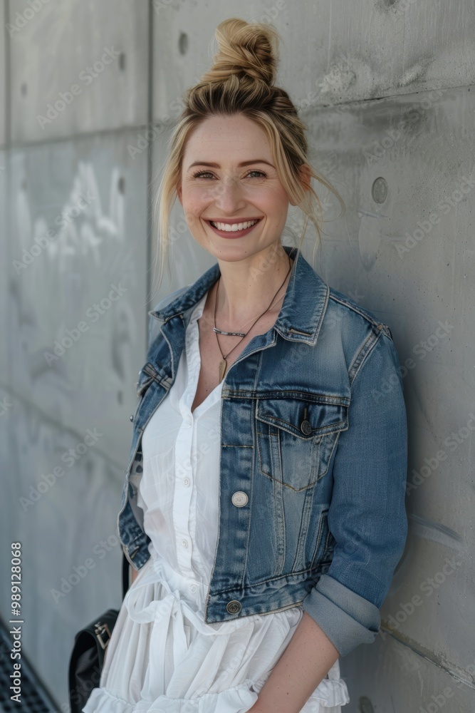 Portrait of a cheerful redhead woman in trendy denim attire in a city setting Portrait of a cheerful redhead woman in trendy denim attire in a city setting