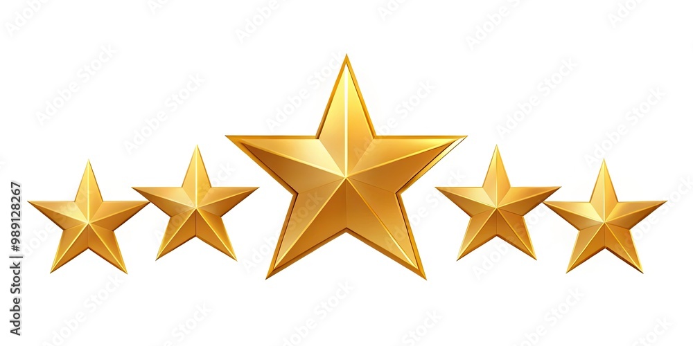 A shiny golden star icon with four smaller stars aligned horizontally, with a subtle glow effect, on a clean white background, conveying excellence and perfection. A shiny golden star icon with four smaller stars aligned horizontally, with a subtle glow effect, on a clean white background, conveying excellence and perfection.