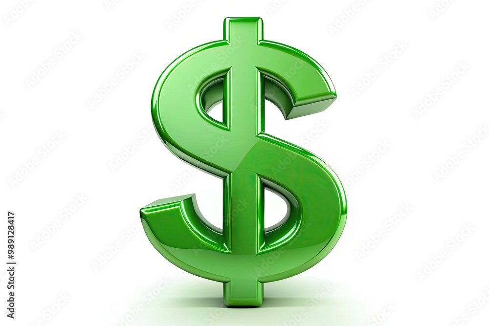 A shiny green dollar sign symbol with bold lines and rounded corners, isolated on a white background, representing finance, commerce, and economic prosperity. A shiny green dollar sign symbol with bold lines and rounded corners, isolated on a white background, representing finance, commerce, and economic prosperity.