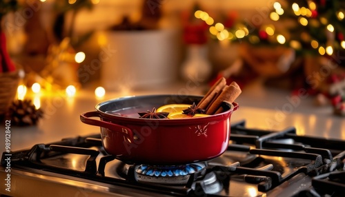 Una olla roja con vino caliente especiado en la estufa, rodeada de decoración navideña en una cocina festiva.