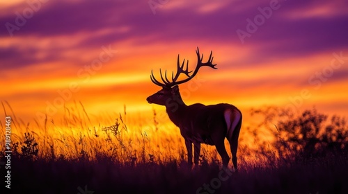 A silhouette of a deer against a vibrant sunset sky, highlighting nature's beauty.