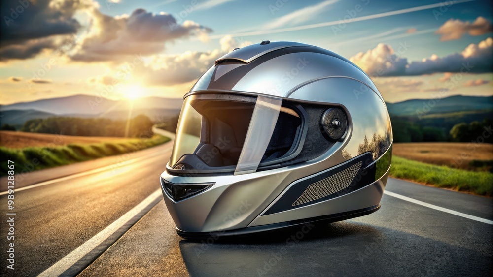Obraz premium A sleek, black, and silver motorbike helmet icon with a reflective visor and aerodynamic design, symbolizing speed, protection, and adventure on the open road.