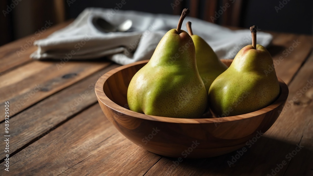 Pears in wooden bowl on dining table background Pears in wooden bowl on dining table background