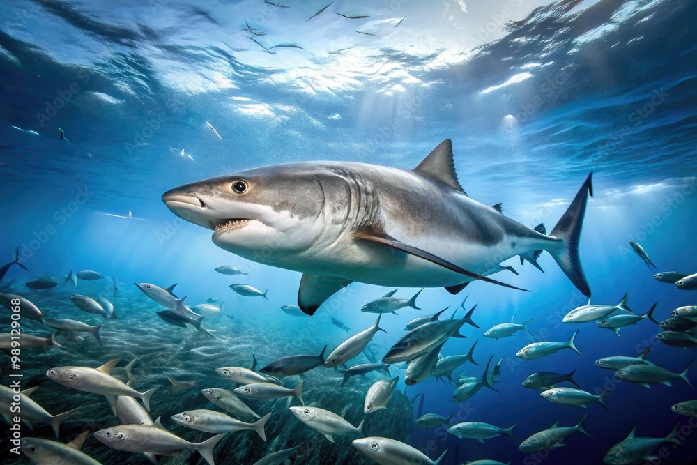 A sleek great white shark explores the ocean floor, its powerful tail propelling it through the crystal-clear water amidst a school of shimmering fish. A sleek great white shark explores the ocean floor, its powerful tail propelling it through the crystal-clear water amidst a school of shimmering fish.