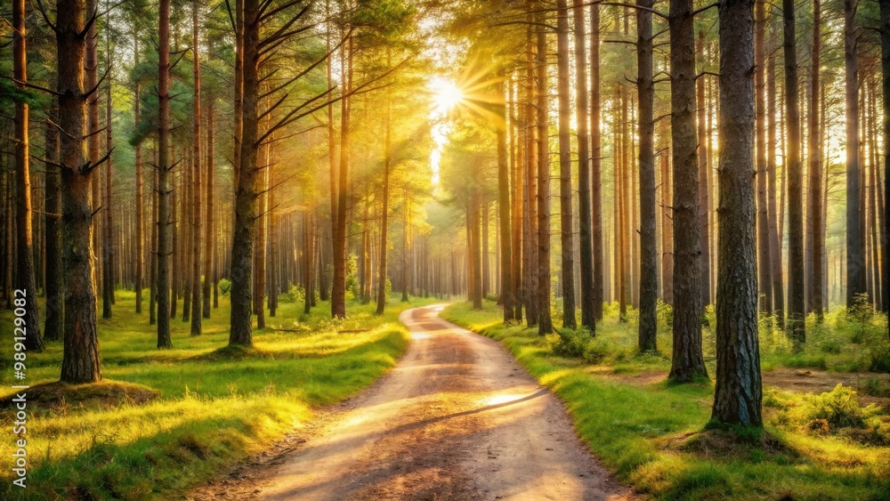 Obraz premium Sunlit path winding through a pine tree forest with a woodland backdrop