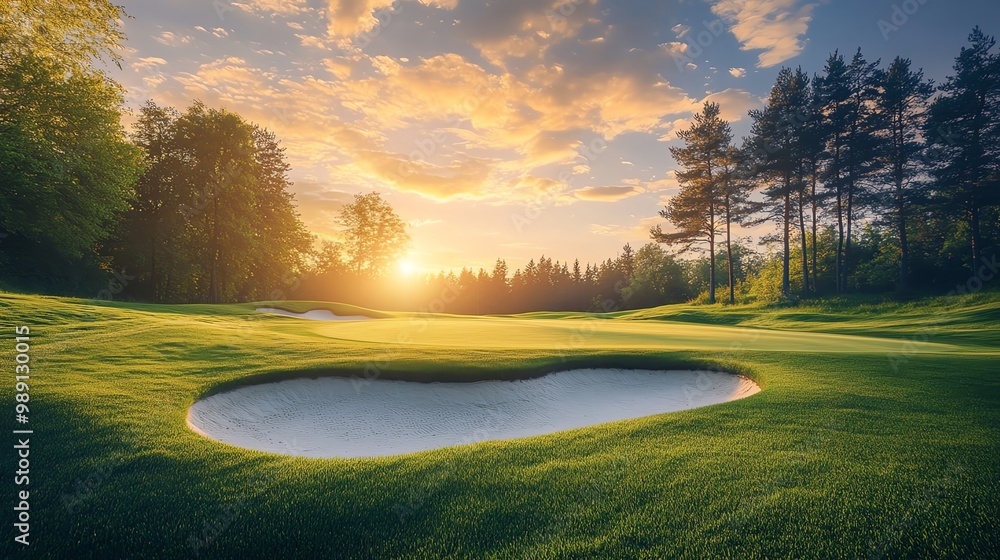 A serene golf course at sunrise, highlighting lush grass and a tranquil sand trap illuminated by golden sunlight. A serene golf course at sunrise, highlighting lush grass and a tranquil sand trap illuminated by golden sunlight.