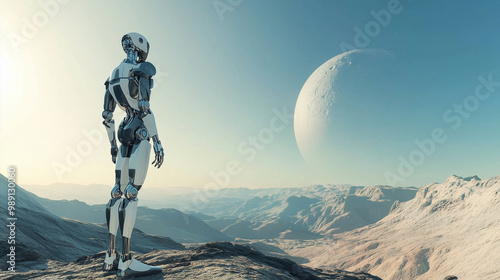 humanoid robot standing alone on a mountainous planet with giant moon photo