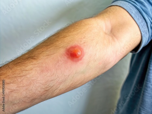 A small, raised, and inflamed bump on the forearm, indicating a positive reaction to the Mantoux test for tuberculosis diagnosis.