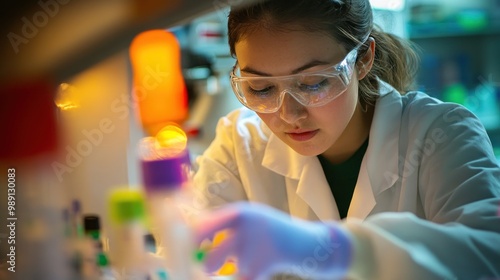 A scientist in a lab coat conducts experiments with lab equipment and materials. photo