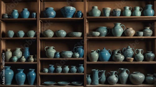 Pottery studio shelves with ceramics background