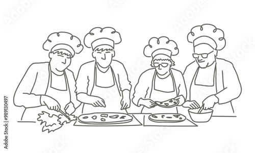 Four chefs are working together to make pizza