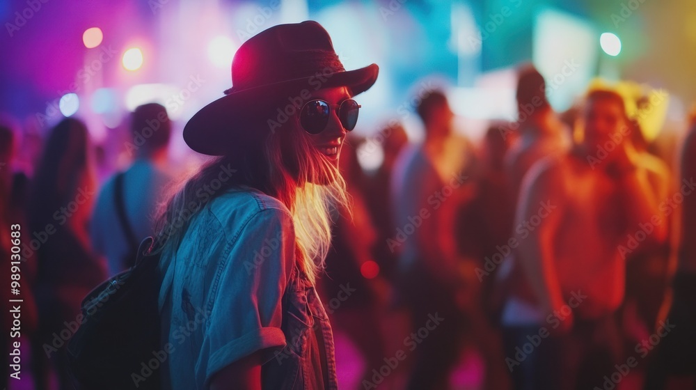 Obraz premium A woman in a hat and sunglasses stands amidst a vibrant crowd at a festival.