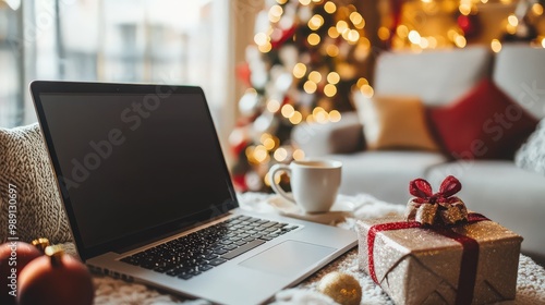 An online shopper browsing a laptop at a cozy home office, surrounded by holiday decorations, showcasing the excitement of Cyber Monday sales. photo