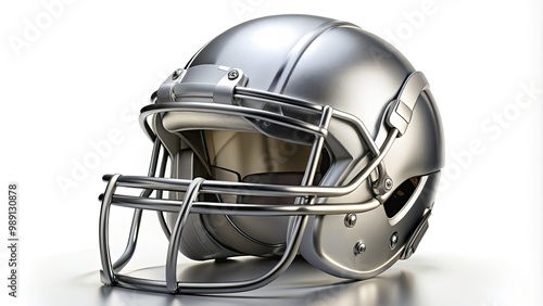 A solitary, sleek, silver football helmet with a facemask, ear holes, and a curved visor, set against a crisp white background, evoking sports and competition. photo